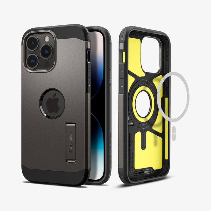 ACS04839 - iPhone 14 Pro Max Case Tough Armor (MagFit) in gunmetal showing the back, front and magsafe layer of back