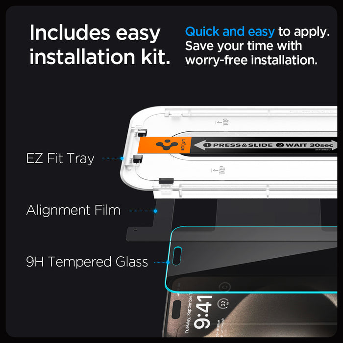 AGL06874 - iPhone 15 Pro Max Screen Protector EZ FIT GLAS.tR Privacy includes easy installation kit. Quick and easy to apply. Save your time with worry free installation. EZ Fit tray, Alignment film, 9H tempered glass.