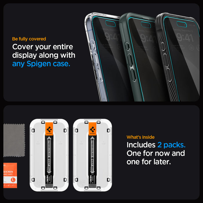 AGL06874 - iPhone 15 Pro Max Screen Protector EZ FIT GLAS.tR Privacy be fully covered. Cover your entire display along with any spigen case. what's inside. Includes 2 packs one for now and one for later.