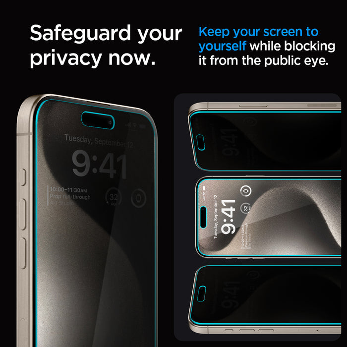AGL06874 - iPhone 15 Pro Max Screen Protector EZ FIT GLAS.tR Privacy safe guard your privacy now. keep your screen to yourself while blocking it from the public eye.