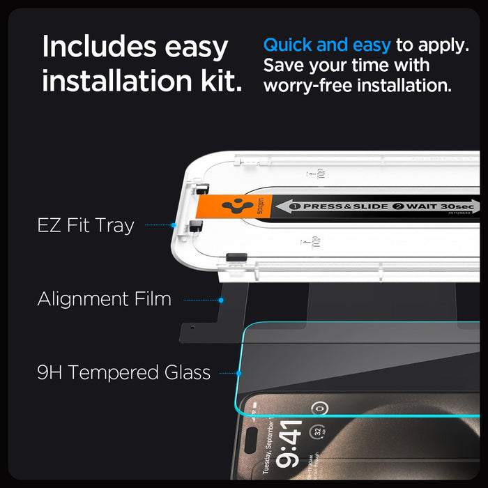 AGL06872 - iPhone 15 Pro Max Screen Protector EZ FIT GLAS.tR (Sensor Protection) includes easy installation kit. Quick and easy to apply. Save your time with worry free installation. EZ Fit tray, Alignment film, 9H tempered glass.