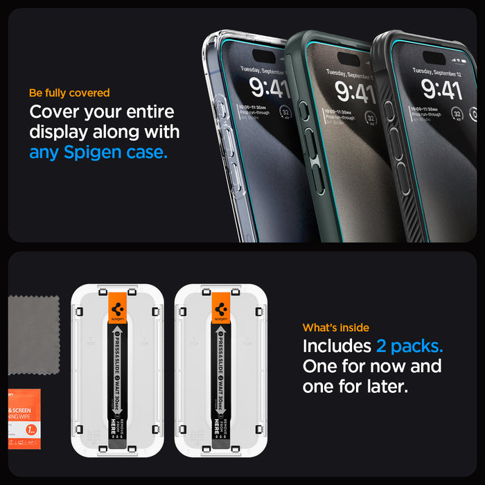 AGL06872 - iPhone 15 Pro Max Screen Protector EZ FIT GLAS.tR (Sensor Protection) be fully covered. Cover your entire display along with any spigen case. what's inside. Includes 2 packs one for now and one for later.