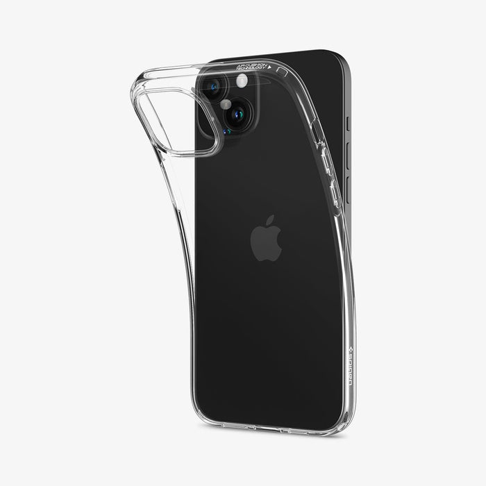 ACS06786 - iPhone 15 Case Liquid Crystal in crystal clear showing the back with case bending away from device to show the flexibility