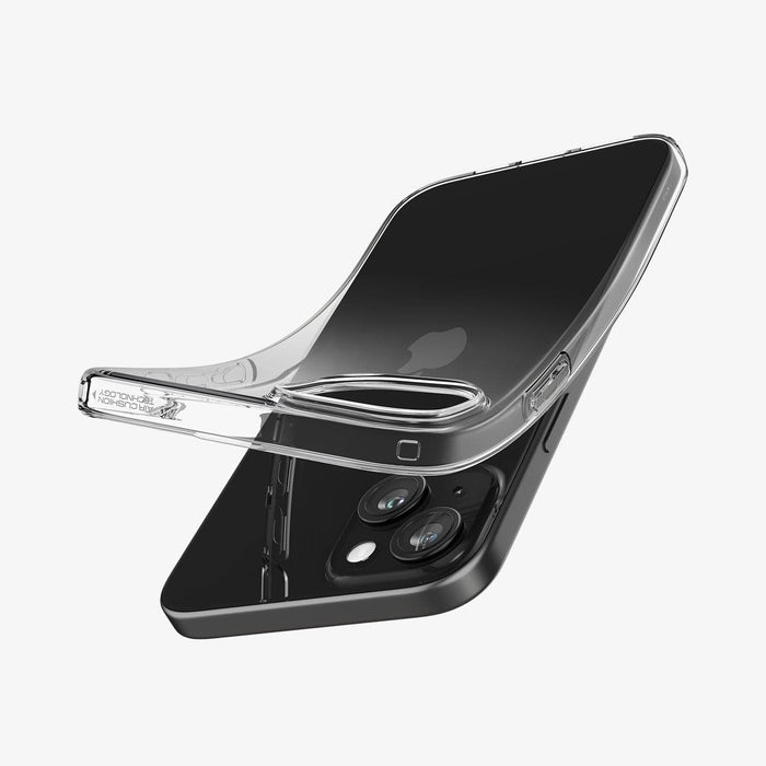 ACS06786 - iPhone 15 Case Liquid Crystal in crystal clear showing the back with case bending away from device to show the flexibility