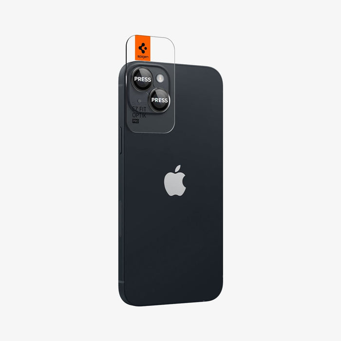 AGL05213 - iPhone 15 / 15 Plus Optik Pro Lens Protector in black showing the back and partial side with ez fit installed on camera lens