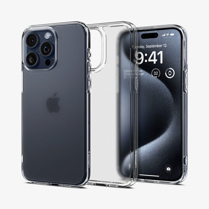 ACS06567 -  iPhone 15 Pro Max Case Ultra Hybrid in frost clear showing the back and front