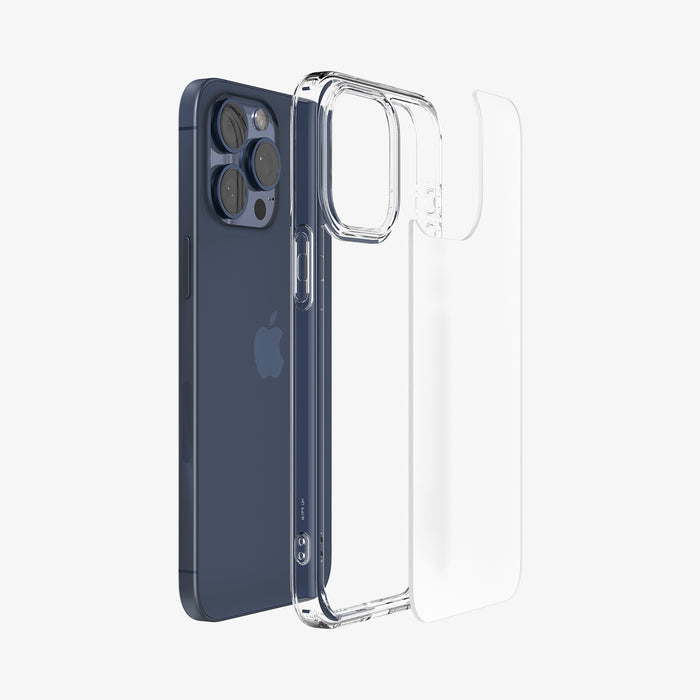 ACS06567 -  iPhone 15 Pro Max Case Ultra Hybrid in frost clear showing the back with multiple layers of case hovering away from device