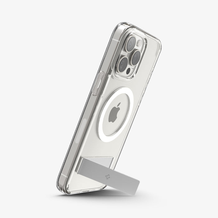 ACS06583 - iPhone 15 Pro Max Case Ultra Hybrid S (MagFit) in crystal clear showing the back and side with device propped up by built in kickstand