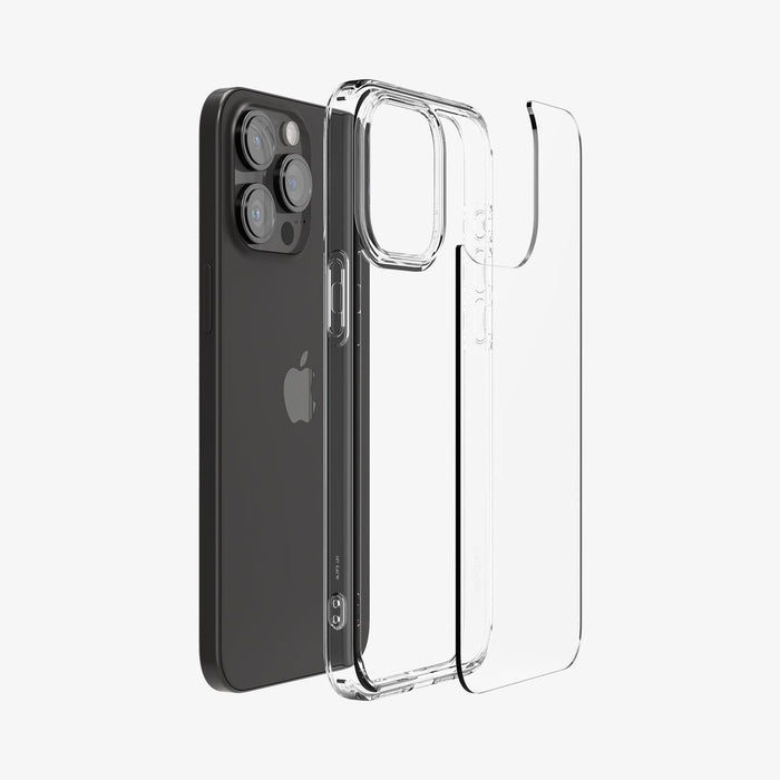 ACS06565 - iPhone 15 Pro Max Case Ultra Hybrid in crystal clear showing the back with multiple layers of case hovering away from device