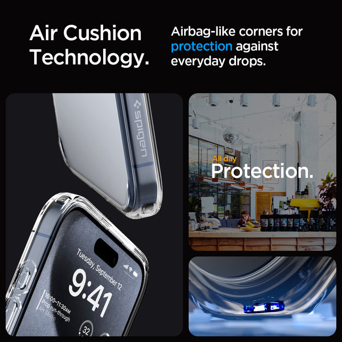 ACS06565 - iPhone 15 Pro Max Case Ultra Hybrid in crystal clear showing the air cushion technology. Airbag-like corners for protection against everyday drops