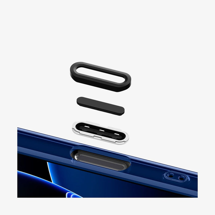 ACS09589 - iPhone 16 Pro Max Case c11 Series Le Mans Edition (MagFit) in Le Mans showing the detached camera buttons hovering above the case cutout