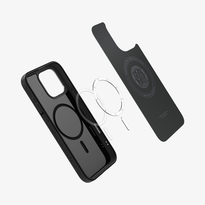 ACS09114 - iPhone 16 Pro Max Case Liquid Air T (MagFit + Camera Control) in Matte Black showing the inner layer hovering above the detached magnet plate ring and the case showing the inner part