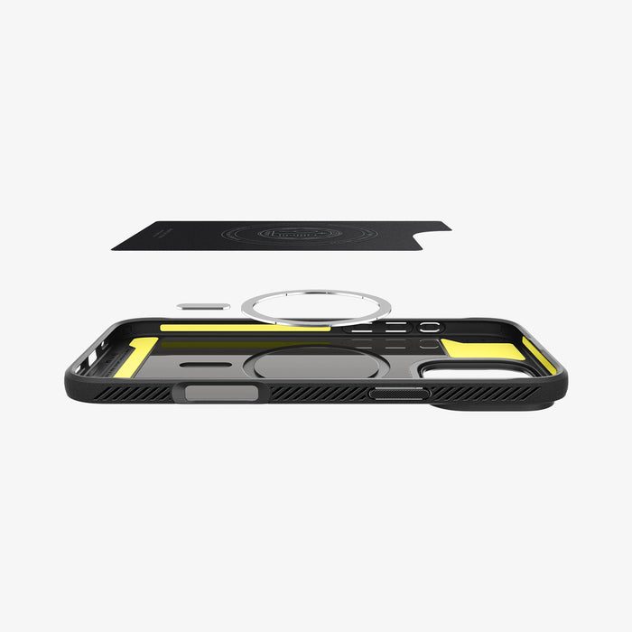 ACS07986 - iPhone 16 Pro Max Case Rugged Armor (MagFit) in Matte Black showing the detached inner soft layer cover hovering above the detached metal ring plate and the inner of the case