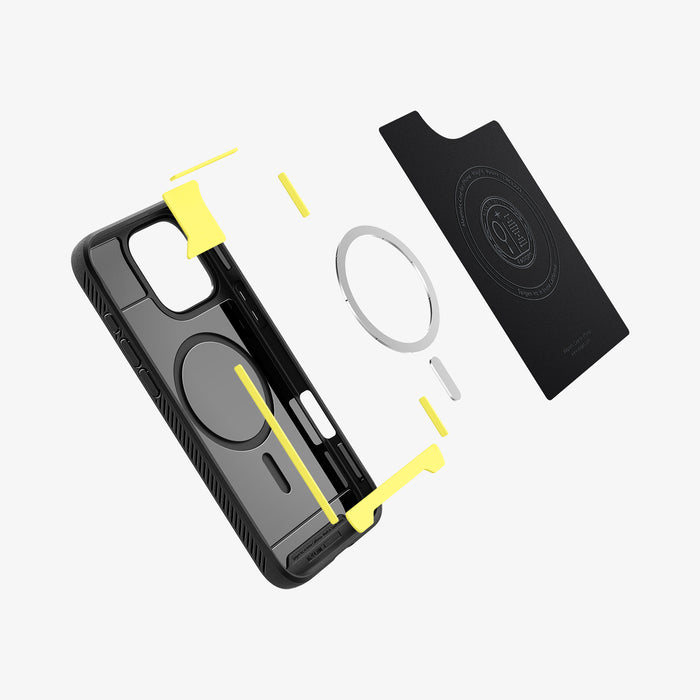 ACS07986 - iPhone 16 Pro Max Case Rugged Armor (MagFit) in Matte Black showing the inner soft layer of the case hovering in front of the detached metal ring plate, impact foam and the inner case