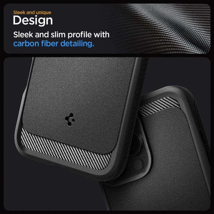 ACS07986 - iPhone 16 Pro Max Case Rugged Armor (MagFit) in Matte Black showing the sleek and unique design. Sleek and slim profile with carbon fiber detailing