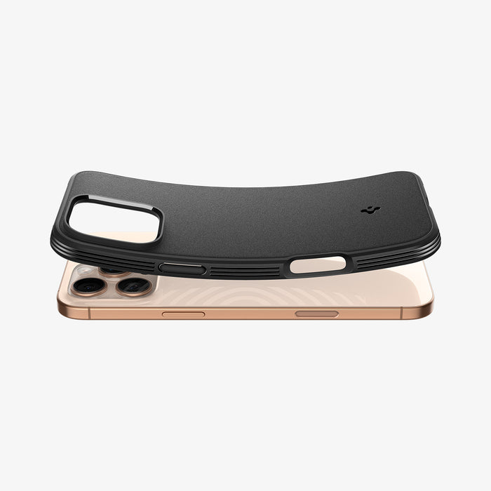 ACS08156 - iPhone 16 Pro Sand Blast in Matte Black showing the back and side with case bending away from the device
