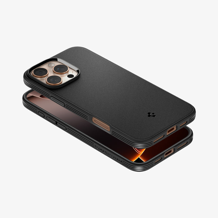 ACS08156 - iPhone 16 Pro Sand Blast in Matte Black showing the back and side with case bending away from the device