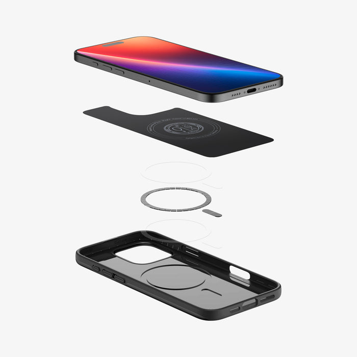 ACS07978 - iPhone 16 Pro Max Case Thin Fit (MagFit) in Black showing the device hovering above the detached inner layer, metal ring plate and the case