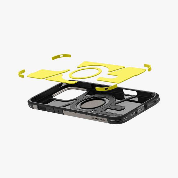 ACS08012 - iPhone 16 Pro Max Case Tough Armor AI (MagFit) in Gunmetal showing the impact foam hovering above the inner case