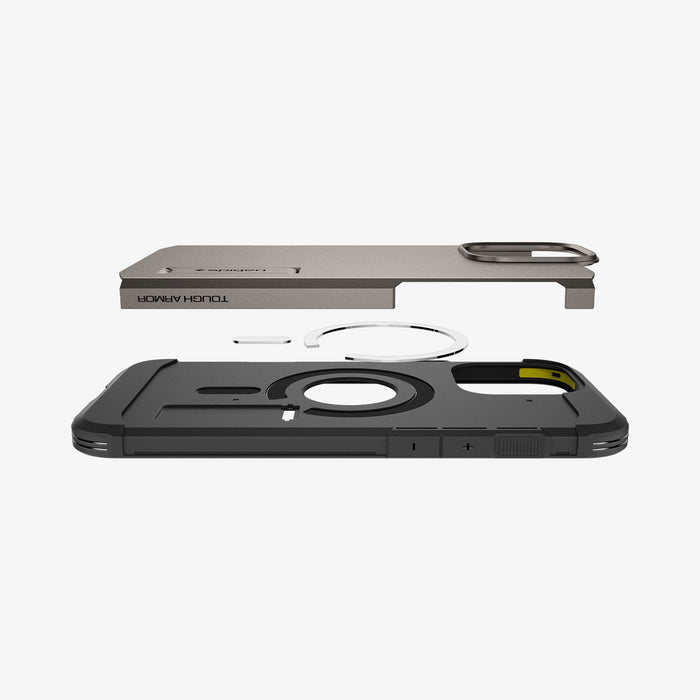 ACS08012 - iPhone 16 Pro Max Case Tough Armor AI (MagFit) in Gunmetal showing the partial back layer detached hovering above the metal ring plate and back of the case