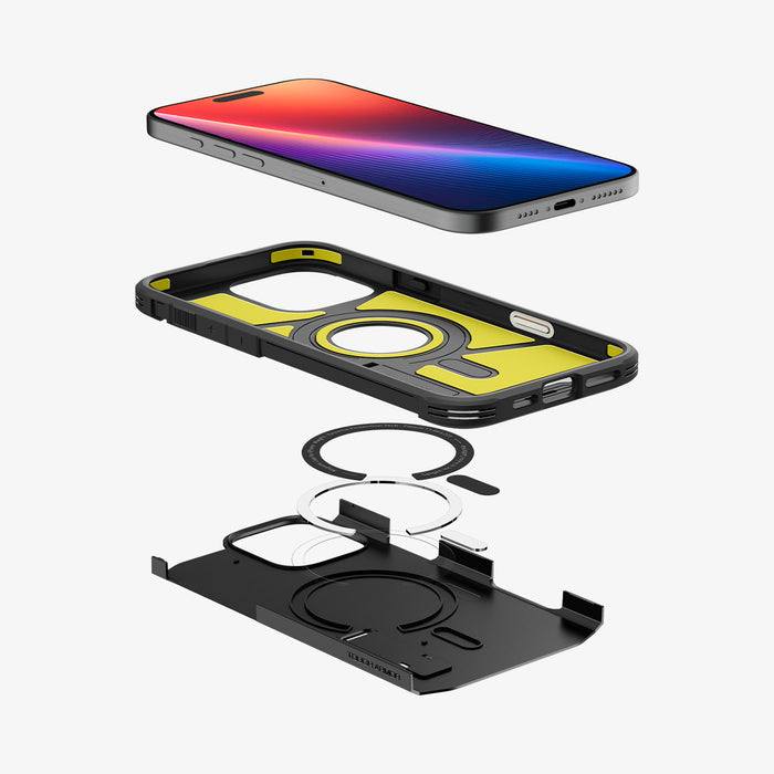 ACS08503 - iPhone 16 Pro Max Case Tough Armor T AI (MagFit) in Black showing the device, case, magnet layers