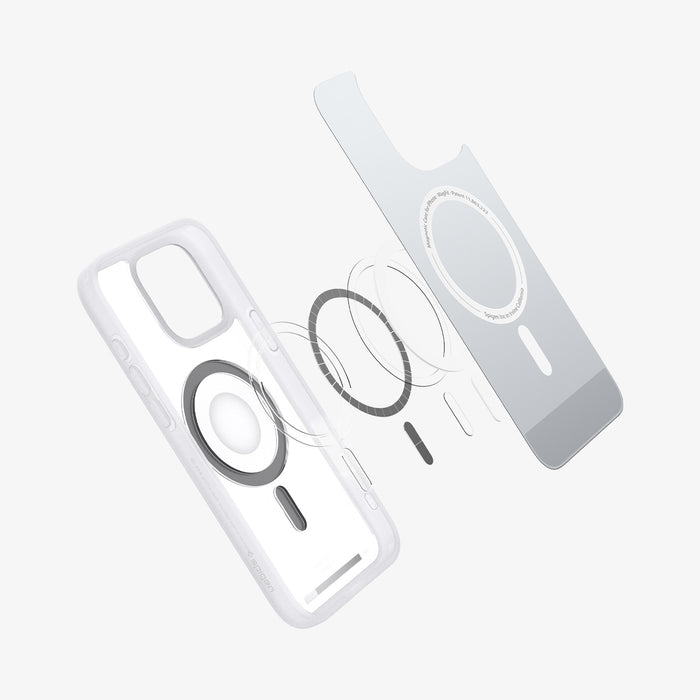 ACS08006 - iPhone 16 Pro Max Case Ultra Hybrid Classic (MagFit) in Classic Silver showing the front soft layer, hovering above the detached metal ring plate and the case