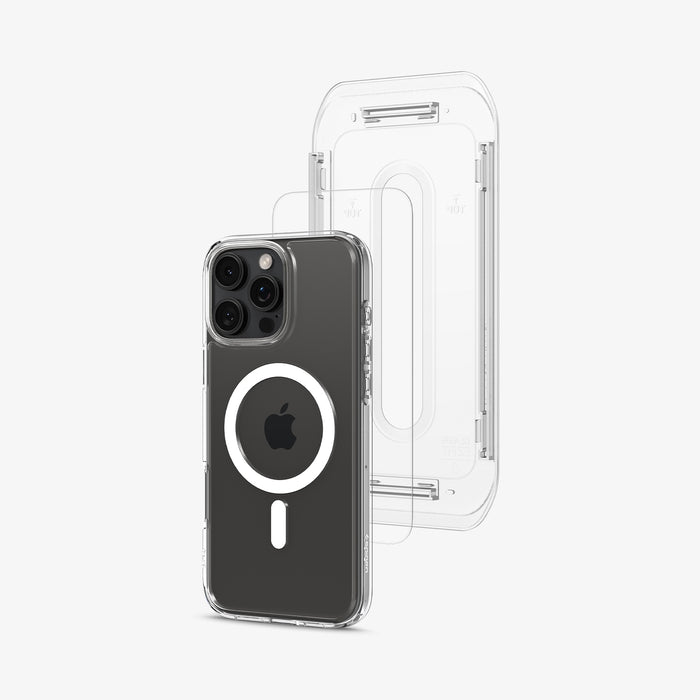 ACS08141 - iPhone 16 Pro Max Case Ultra Hybrid Pack (MagFit) in White showing the partial back of the installation tray hovering in front of the screen protector and the device