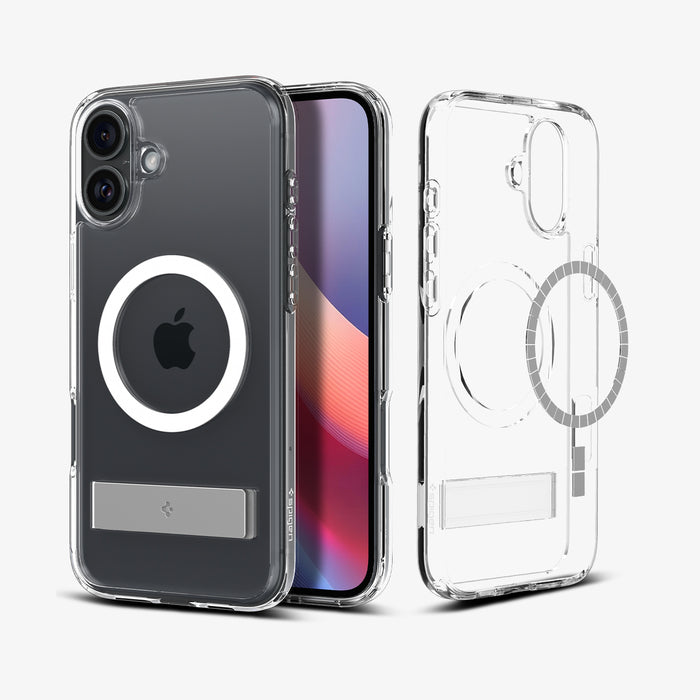 ACS08082 - iPhone 16 Plus Case Ultra Hybrid S (MagFit) in Crystal Clear showing the back, partial sides, front, inner and a magsafe metal ring plate hovering in front