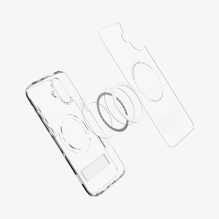 ACS08082 - iPhone 16 Plus Case Ultra Hybrid S (MagFit) in Crystal Clear showing part of the back cover detached, hovering in front of the magsafe ring metal plate and the case showing inner side