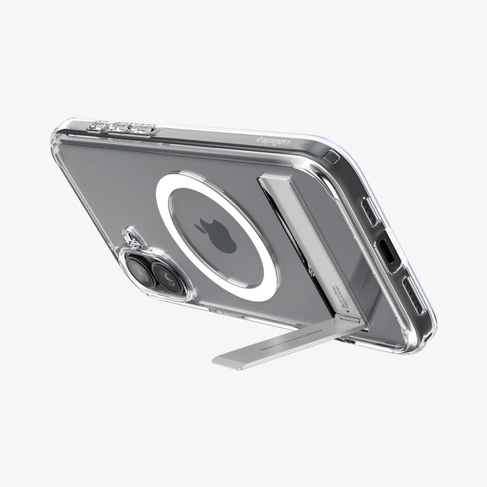 ACS08082 - iPhone 16 Plus Case Ultra Hybrid S (MagFit) in Crystal Clear showing the back, partial side and bottom, propped up with a built-in kickstand