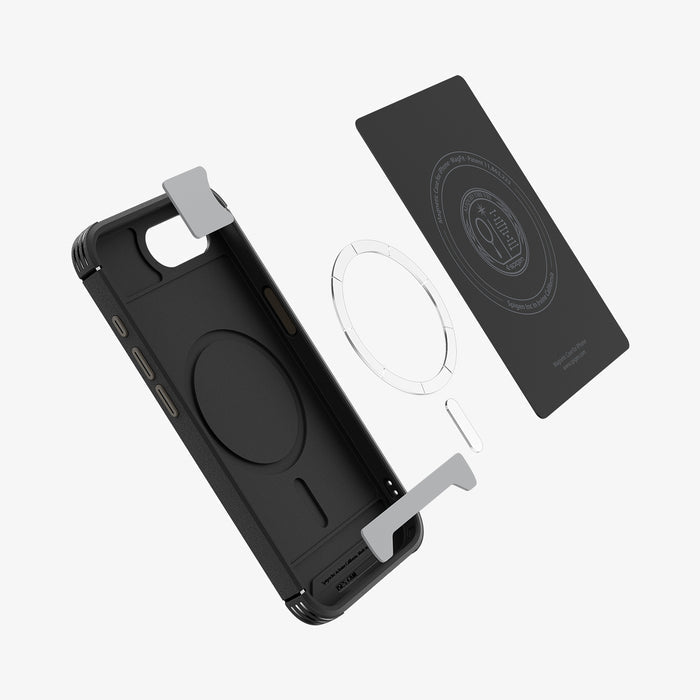 ACS09126 - iPhone 16e Case Core Armor (MagFit) in Matte Black showing the inner layer detached, hovering above the metal ring, bumpers and the case