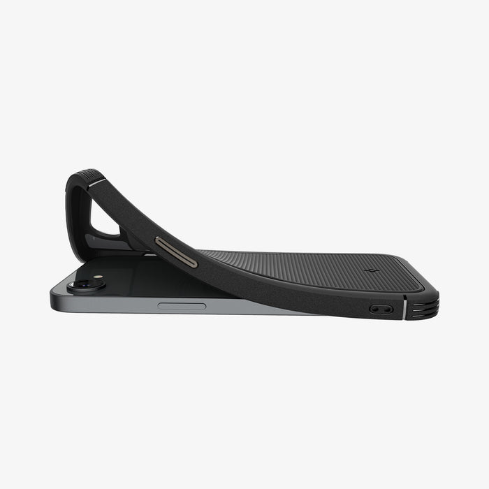 ACS09126 - iPhone 16e Case Core Armor (MagFit) in Matte Black showing the partial back and side while corner partially lifted