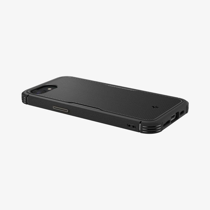 ACS09126 - iPhone 16e Case Core Armor (MagFit) in Matte Black showing the back, partial side ang bottom device facing down