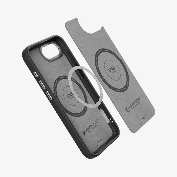 ACS09153 - iPhone 16e Case Enzo Aramid in Matte Black showing the inner layer hovering above the metal ring and the case