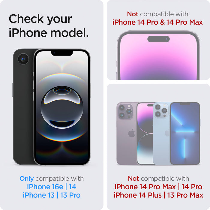 AGL03388 - iPhone 16e Screen Protector EZ FIT GLAS.tR Privacy showing the compatibility. Only compatible with iPhone 16e | 14 iPhone 13 | 13 Pro. Not compatible with iPhone 14 Pro | 14 Pro Max | iPhone 14 Plus | 13 Pro Max