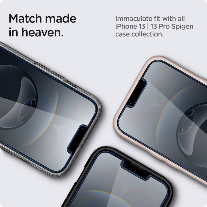 AGL03388 - iPhone 16e Screen Protector EZ FIT GLAS.tR Privacy showing the match made in heaven. Immaculate fit with all iPhone 13 | 13 Pro Spigen case collection
