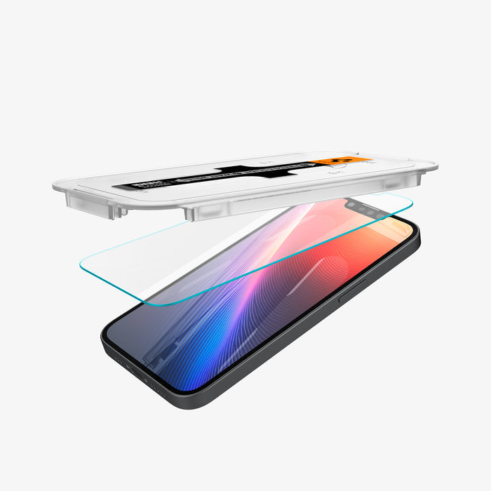 AGL03385 - iPhone 16e Plus Screen Protector EZ FIT GLAS.tR SLIM showing the installation tray hovering above the screen protector and the device