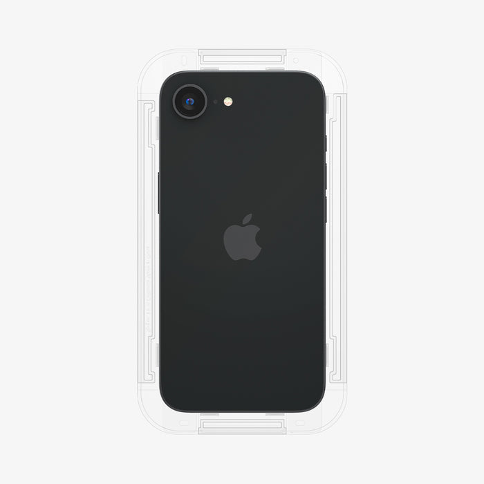 AGL03385 - iPhone 16e Plus Screen Protector EZ FIT GLAS.tR SLIM showing the back of the device with installation tray attached in front of the screen