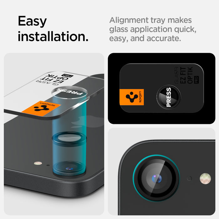 AGL09279 - iPhone 16e Optik Pro EZ Fit Lens Protector in Black showing the easy installation. Alignment tray makes glass application quick, easy and accrate