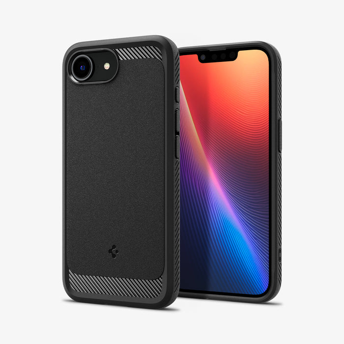 ACS09152 - iPhone 16e Case Rugged Armor (MagFit) in Matte Black showing the back, partial front and sides