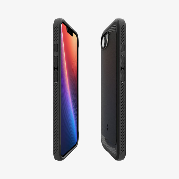 ACS09152 - iPhone 16e Case Rugged Armor (MagFit) in Matte Black showing the partial front, partial back and the sides