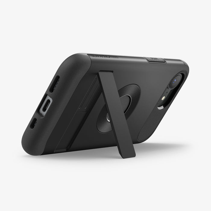 ACS09129 - iPhone 16e Case Slim Armor (MagFit) in Black showing the back, partial side and bottom propped up with the built-in kickstand