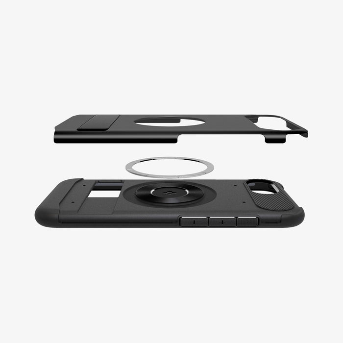 ACS09129 - iPhone 16e Case Slim Armor (MagFit) in Black showing the back cover hovering above the detached metal ring and the first layer case