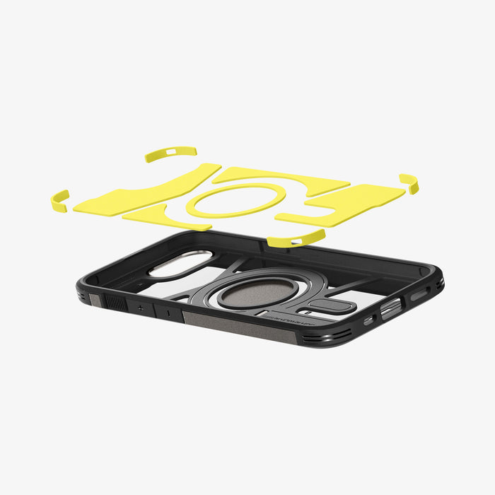 ACS09136 - iPhone 16e Case Tough Armor AI (MagFit) in Gunmetal showing the impact foam hovering above the case
