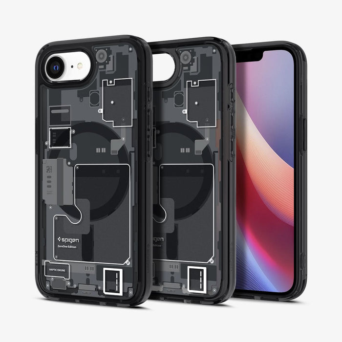 ACS09141 - iPhone 16e Case Ultra Hybrid Zero One (MagFit) in Zero One showing the back, partial inner, partial front and sides