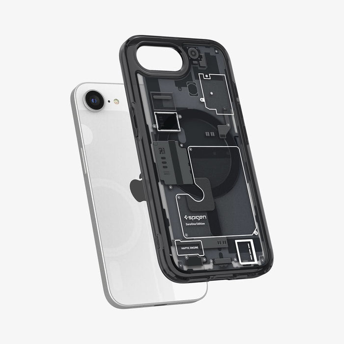 ACS09141 - iPhone 16e Case Ultra Hybrid Zero One (MagFit) in Zero One showing the back and partial side hovering in front of the device
