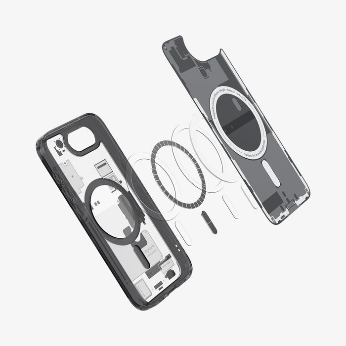 ACS09141 - iPhone 16e Case Ultra Hybrid Zero One (MagFit) in Zero One showing the inner layer hovering in front of the detached metal ring and the case