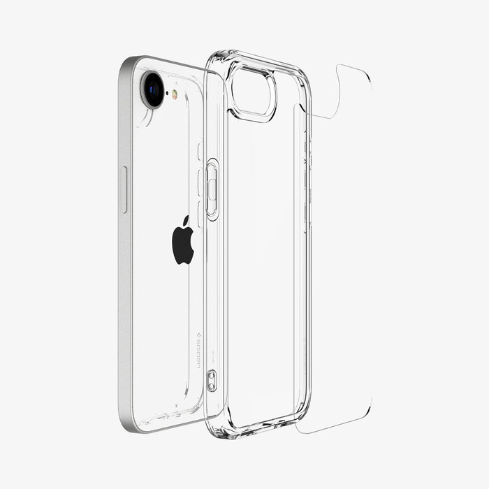 ACS09160 - iPhone 16e Case Ultra Hybrid in Crystal Clear showing the back layer aligned with tpu frame and the device