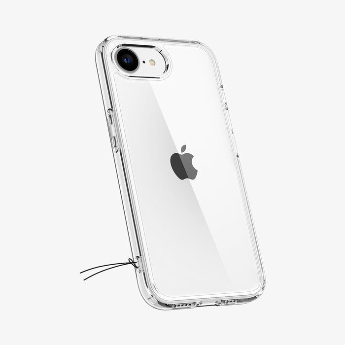 ACS09160 - iPhone 16e Case Ultra Hybrid in Crystal Clear showing the back and partial side with keyholder string attached
