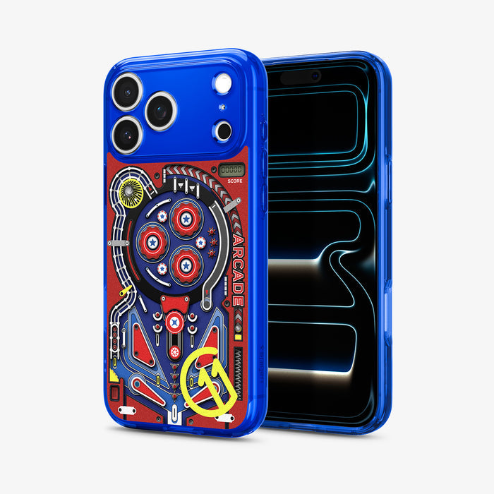 ACS11342 - iPhone 17 Pro Max Arcade case showing front and back view with pinball-inspired graphic and transparent blue frame